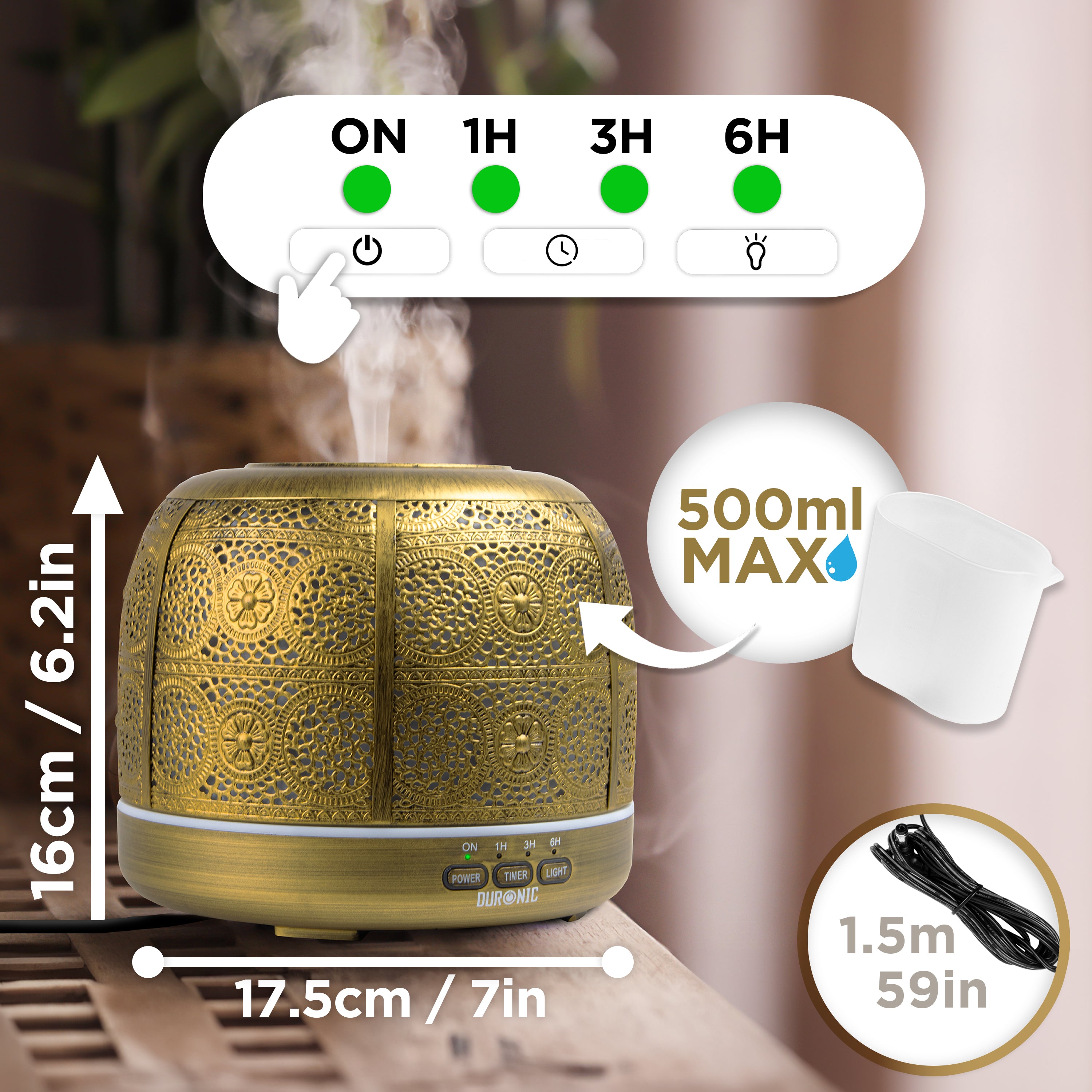 Duronic Aromatherapy Diffuser with product dimension and modes
