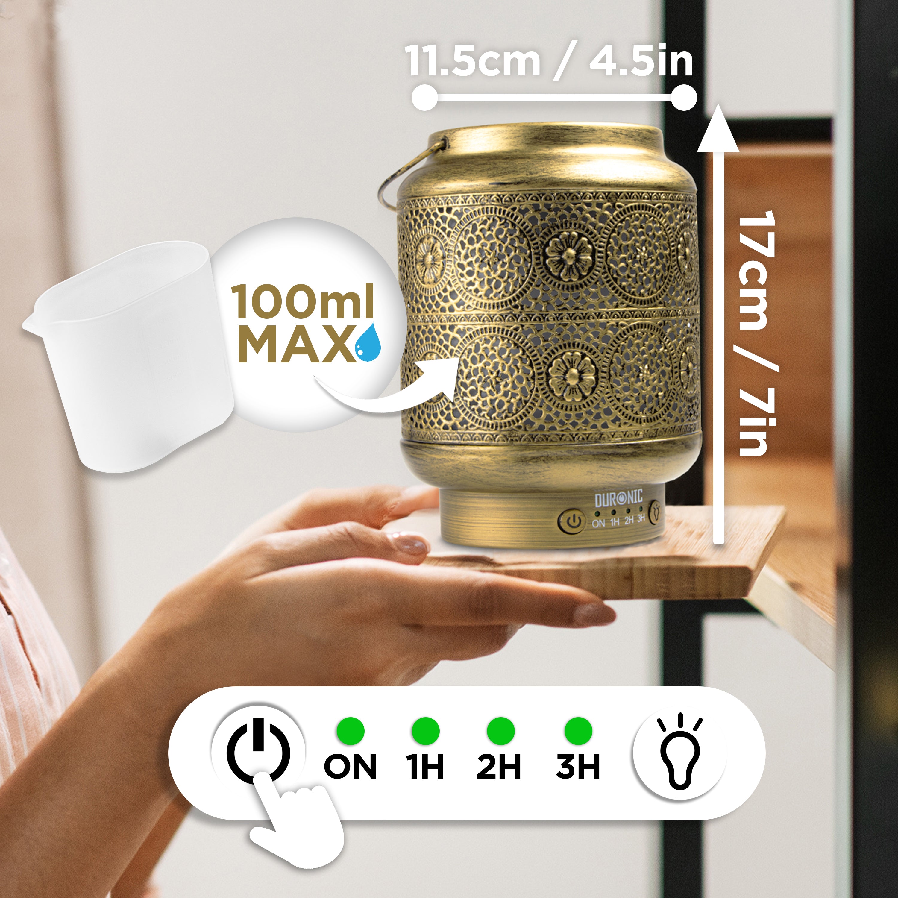 Duronic Aromatherapy Diffuser with product dimension, modes