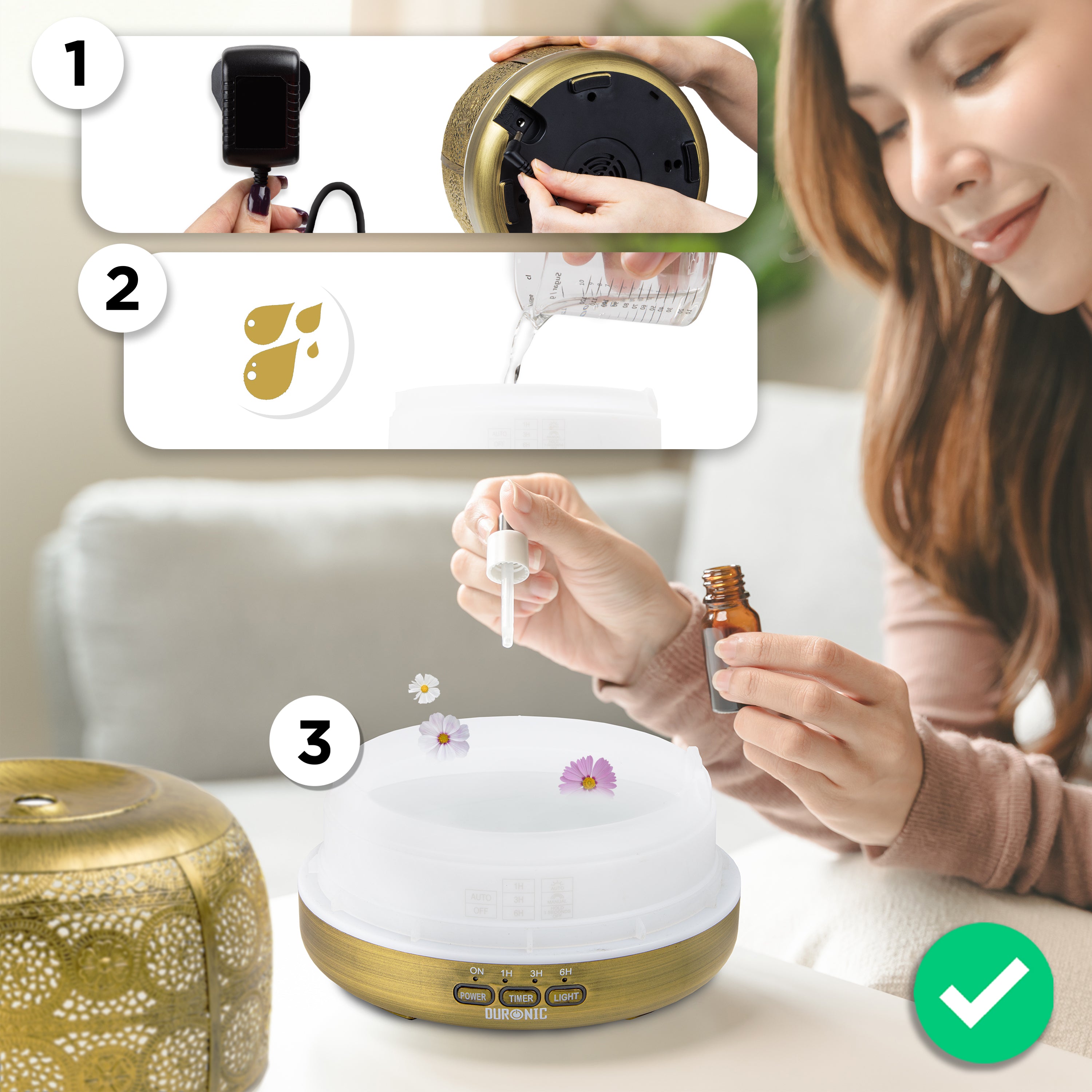 Duronic Aromatherapy Diffuser with steps on how to use the diffuser