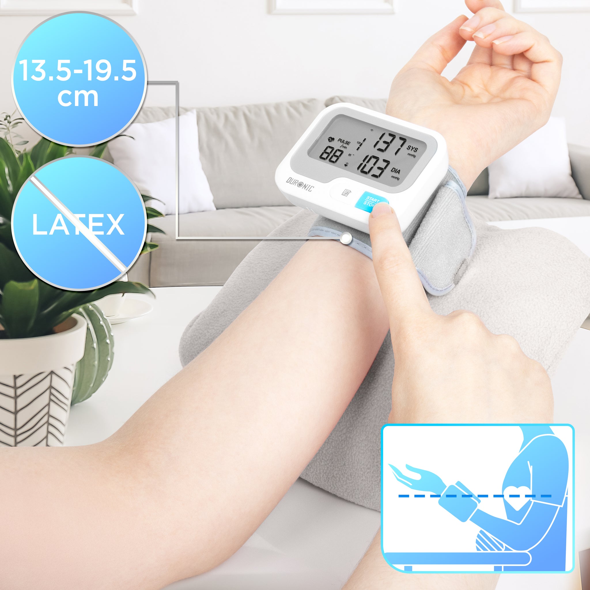 Duronic BPM65 wrist blood pressure machine dimensions of latex-free cuff