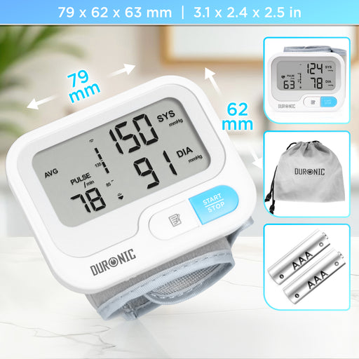 Duronic BPM65 wrist blood pressure monitor dimensions with travel bag and batteries included