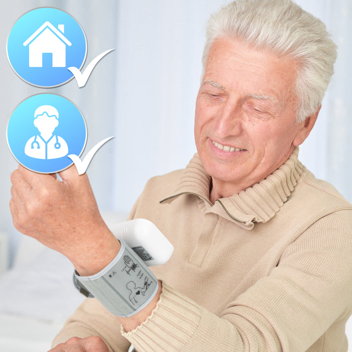 Duronic BPM65 wrist blood pressure monitor medically certified device being used at home by elderly