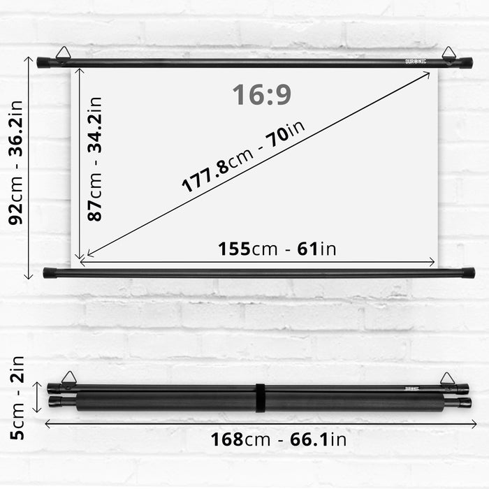 Duronic BPS70/169 projection screen dimensions height, width, length, depth for home, office, school 