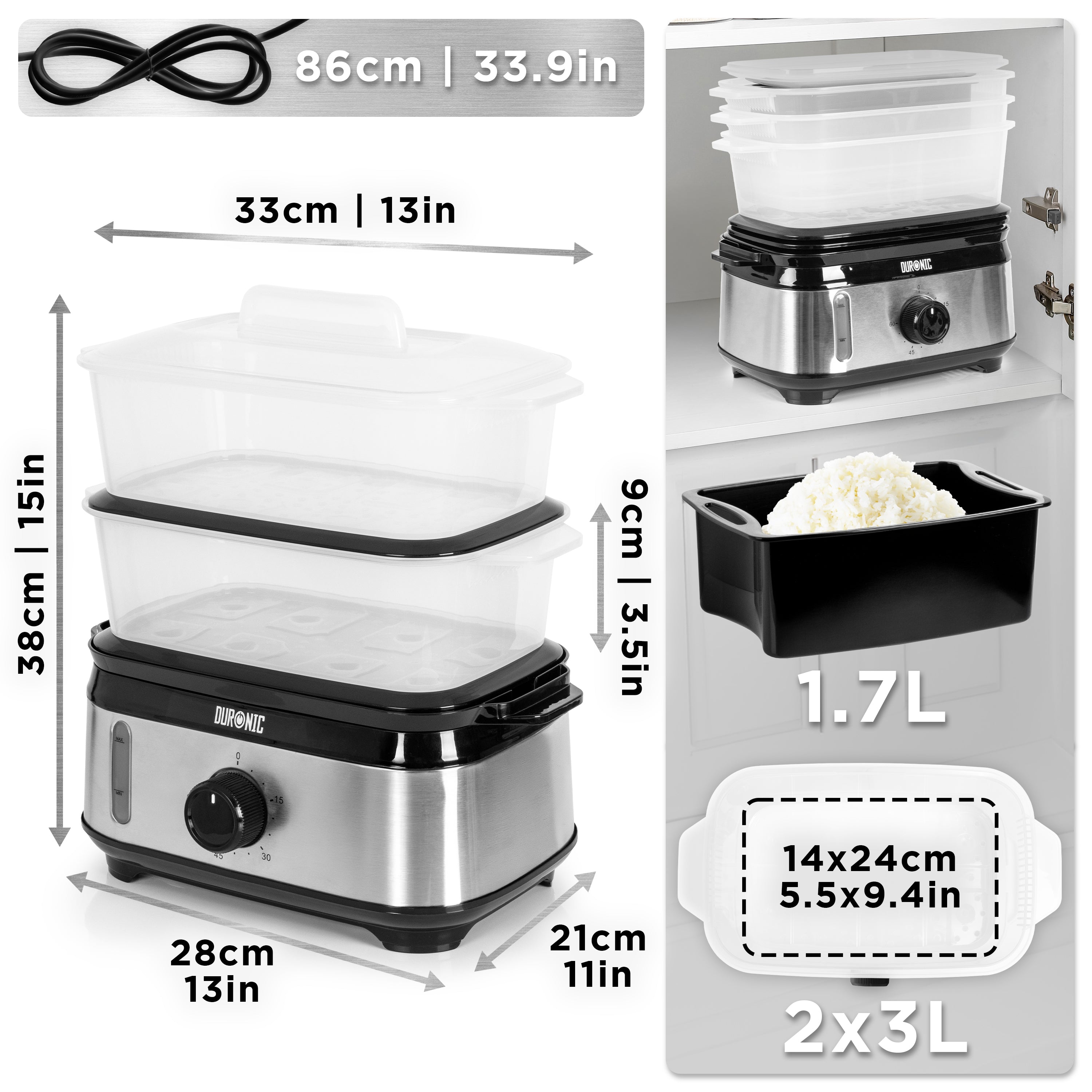 Duronic Black Electric Food Steamer displaying exact product dimensions, cable length, and included 1.7L rice bowl.