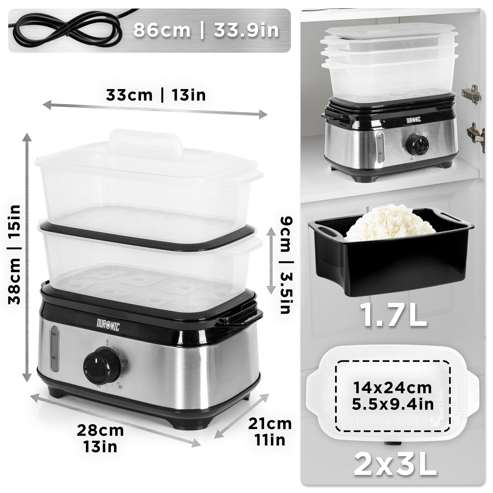 Duronic Black Electric Food Steamer displaying exact product dimensions, cable length, and included 1.7L rice bowl.