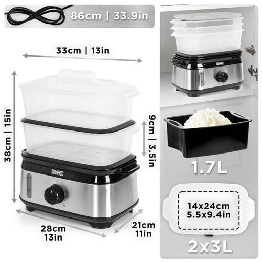Duronic Black Electric Food Steamer displaying exact product dimensions, cable length, and included 1.7L rice bowl.