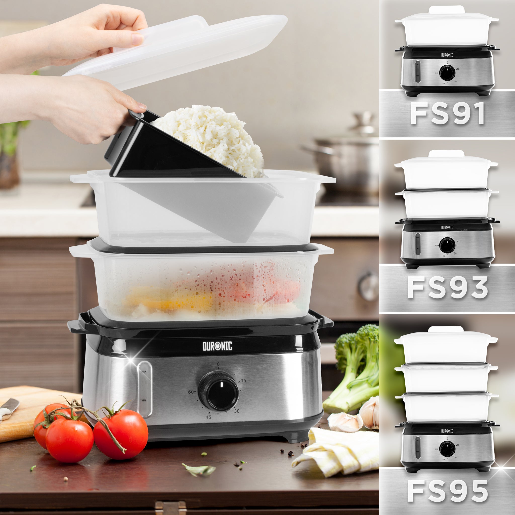 Duronic Black Electric Food Steamer showing 1, 2, and 3-tier models FS91, FS93, and FS95.