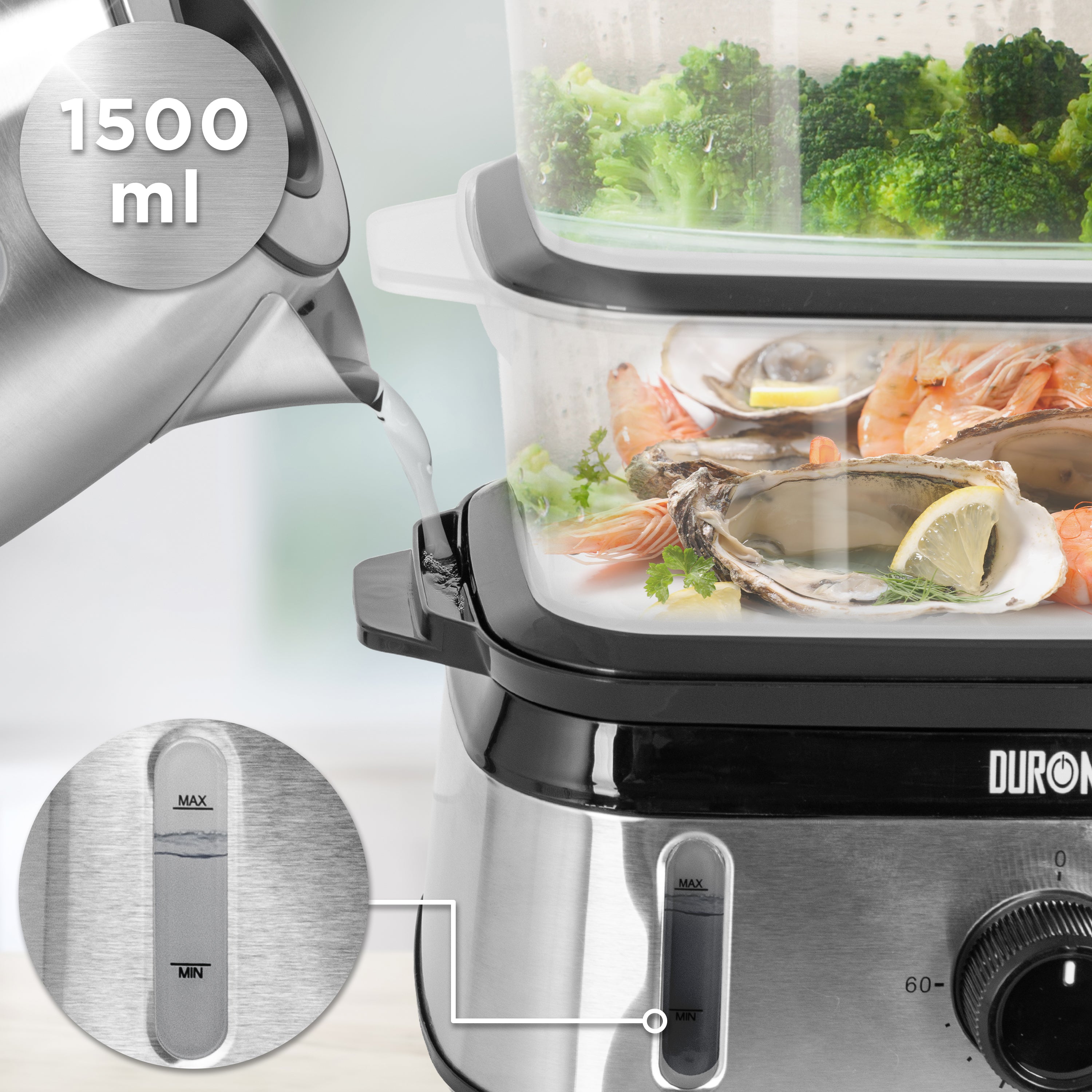 Duronic Black Electric Food Steamer with 1500ml capacity, level indicator, broccoli, and seafood.