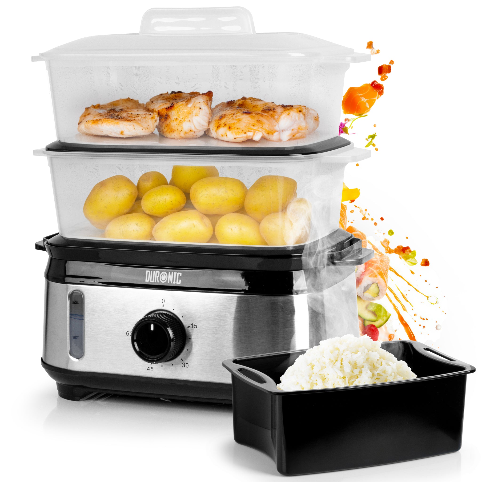 Duronic Black Electric Food Steamer with a black bowl of white rice