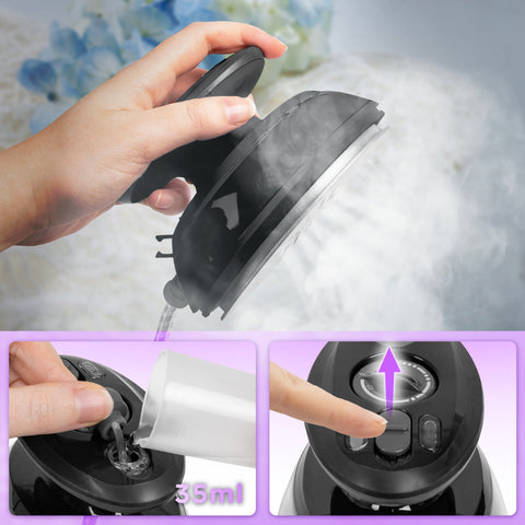 Duronic Black Travel Iron being filled with 35ml of water and demonstrating its steam-burst function.