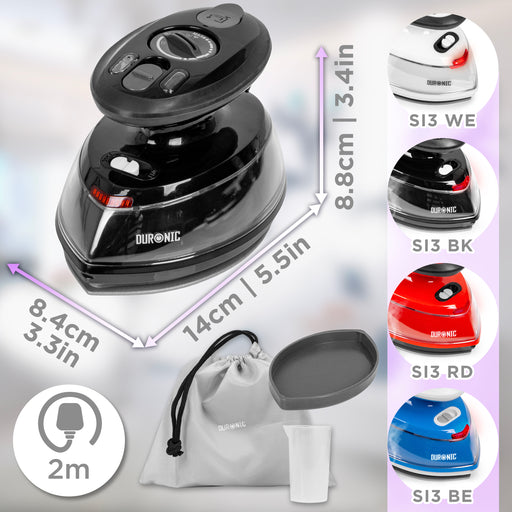 Duronic Black Travel Iron with its dimensions, accessories, and four available color options: white, black, red, and blue.