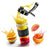 Duronic Blender Spare Bottle with fresh orange and fruit juice, surrounded by sliced citrus fruits and apples on a white background.