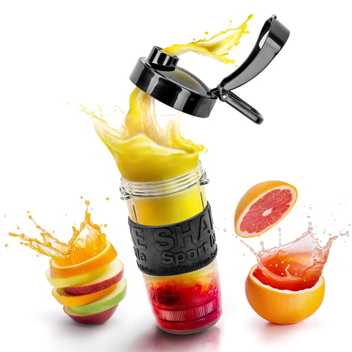 Duronic Blender Spare Bottle with fresh orange and fruit juice, surrounded by sliced citrus fruits and apples on a white background.