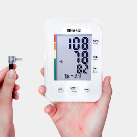 Duronic Blood Pressure Monitor displaying a reading