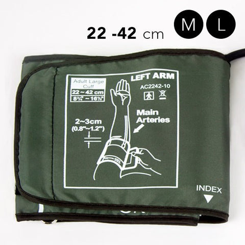 Duronic Blood Pressure Monitor featuring white instructional diagrams and a size range of 22-42 cm for the left arm.