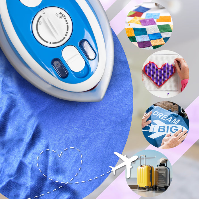 Duronic Blue Travel Iron featuring quilting, bead crafts, iron-on transfers, and travel luggage to highlight its versatility for crafting and travel..