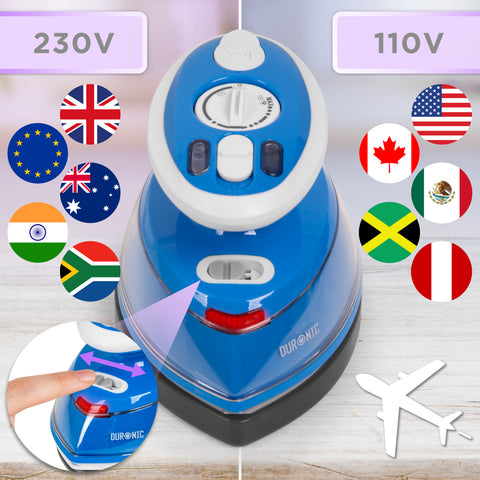 Duronic Blue Travel Iron showing its dual-voltage switch, labeled for 230V and 110V use with corresponding international flags.