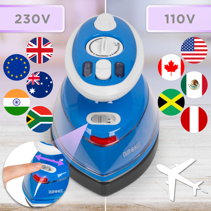 Duronic Blue Travel Iron showing its dual-voltage switch, labeled for 230V and 110V use with corresponding international flags.