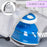 Duronic Blue Travel Iron weighing 1.3 lbs is shown being tucked into its gray drawstring storage bag.