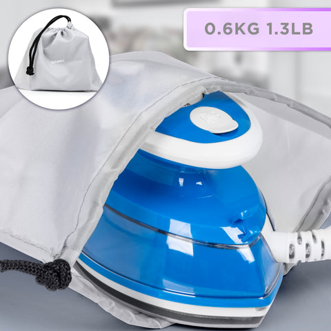 Duronic Blue Travel Iron weighing 1.3 lbs is shown being tucked into its gray drawstring storage bag.