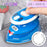 Duronic Blue Travel Iron with an adjustable temperature dial ranging from 65°C to 230°C, shown next to sewing supplies.