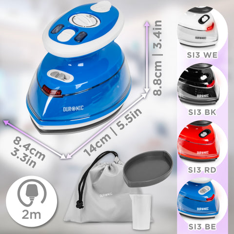 Duronic Blue Travel Iron with its dimensions, accessories, and four available color options: white, black, red, and blue.