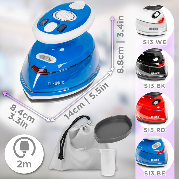 Duronic Blue Travel Iron with its dimensions, accessories, and four available color options: white, black, red, and blue.