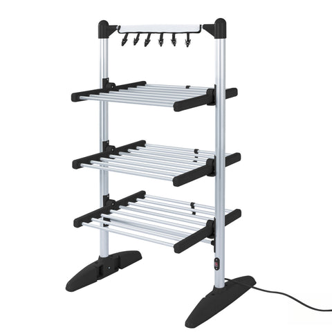 Duronic CA20 BK Electric Clothes Airer drying rack featuring a silver aluminum frame, foldable drying shelves, and a top hanging rail with clips for smaller items.