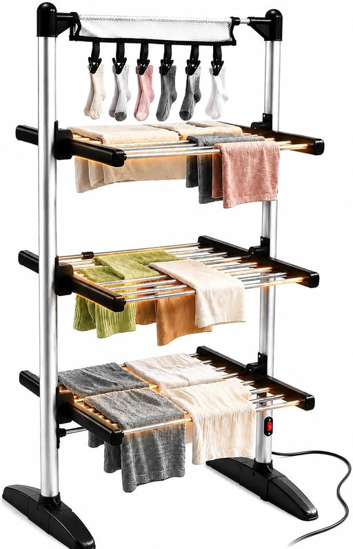 Duronic CA30 BK electric heated clothes drying rack with socks and towels shown being dried