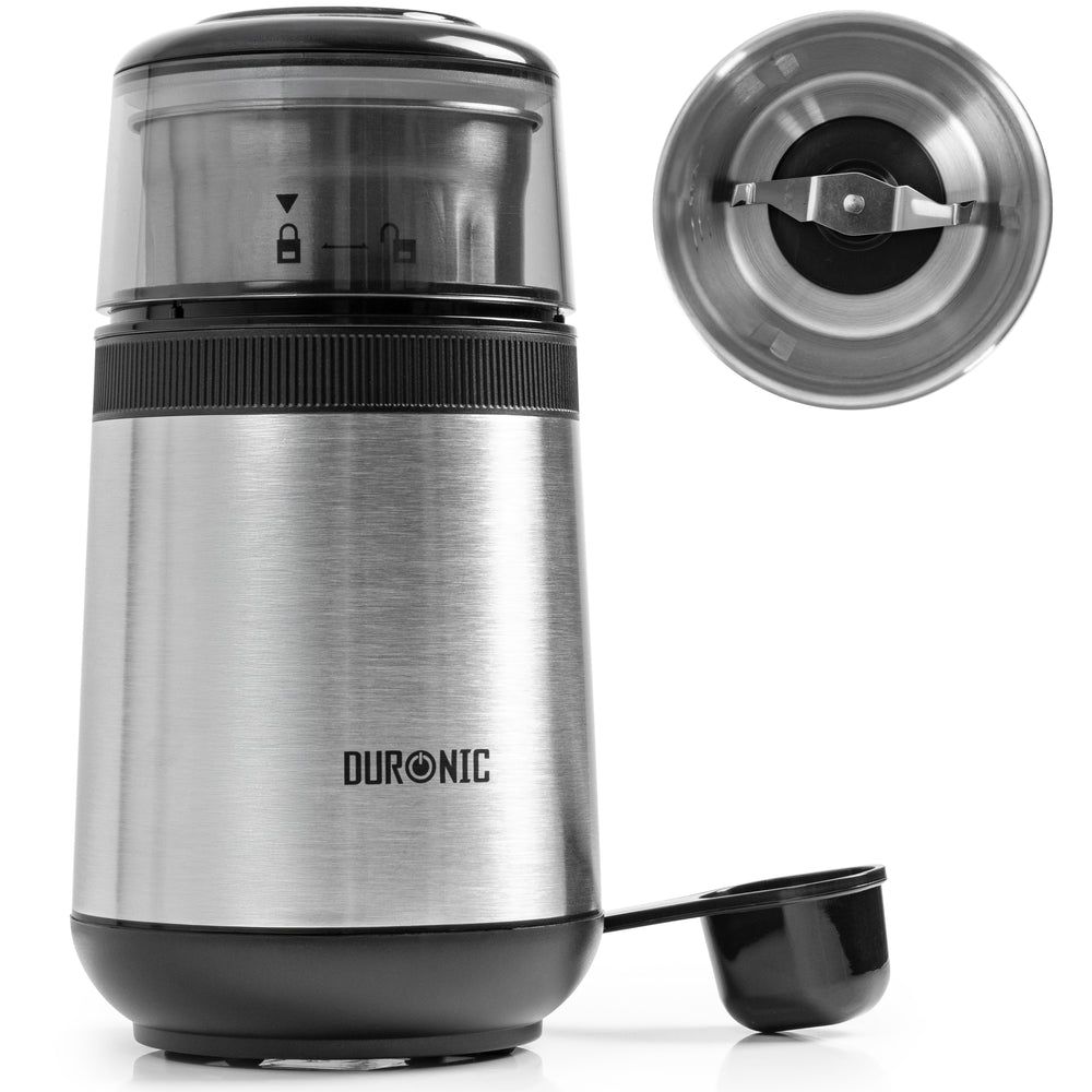 Duronic CG350 Electric Coffee Grinder featuring top view blade bowl and measuring scoop.