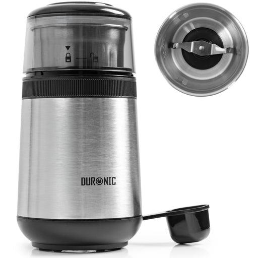 Duronic CG350 Electric Coffee Grinder featuring top view blade bowl and measuring scoop.