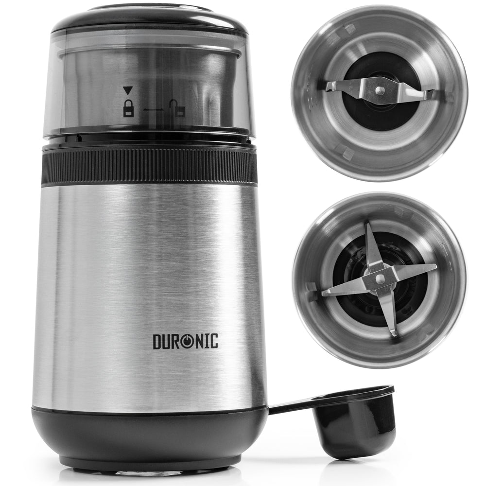Duronic CG355 Electric Coffee Grinder with scoop, displaying both two-blade and four-blade attachment bowls.