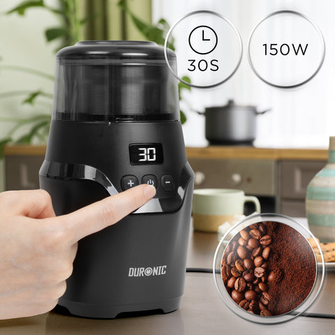 Duronic CG550 Electric Coffee & Spice Grinder with digital 30s timer and ground coffee beans.   