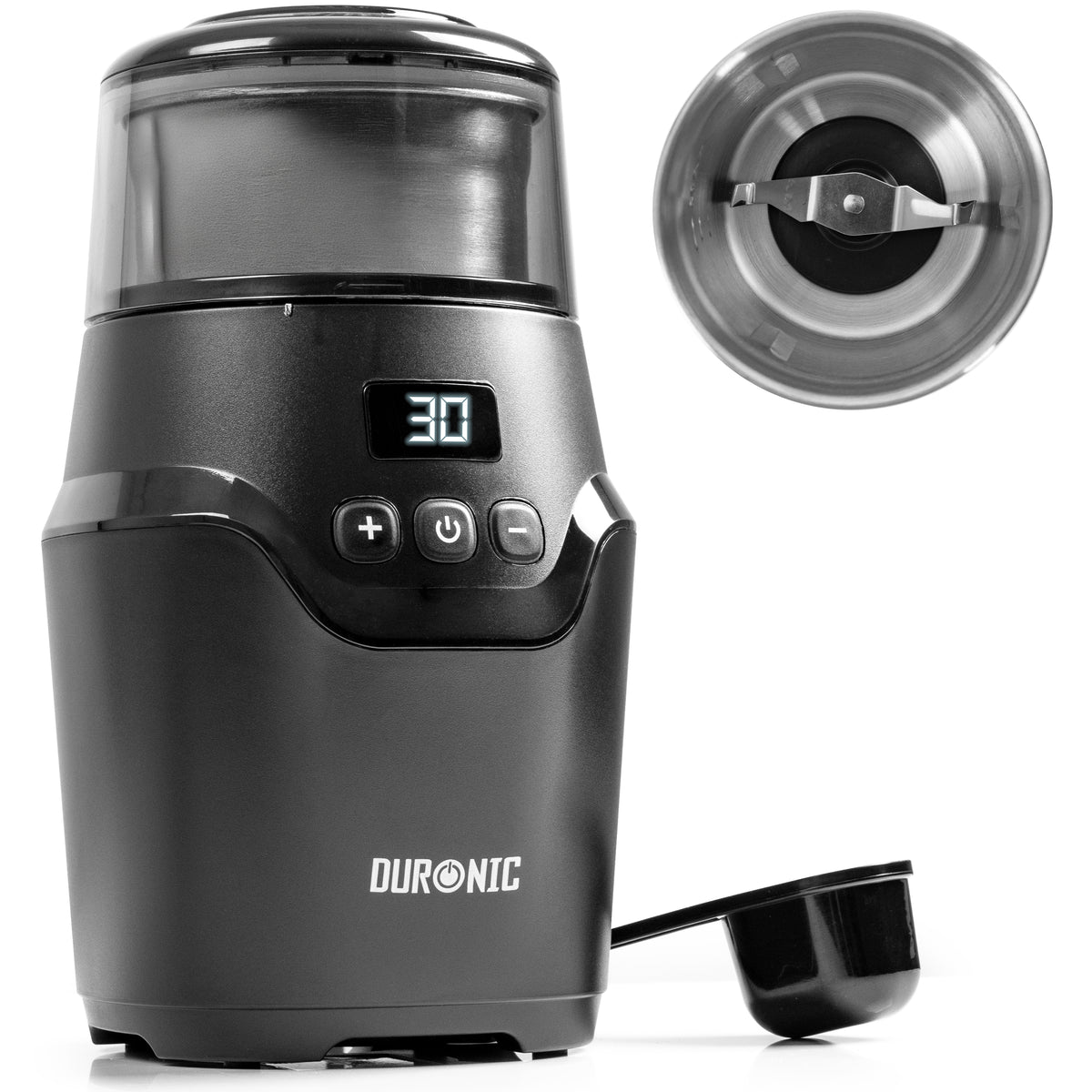 Duronic CG550 Electric Coffee & Spice Grinder with digital timer display, stainless steel grinding cup, and scoop.