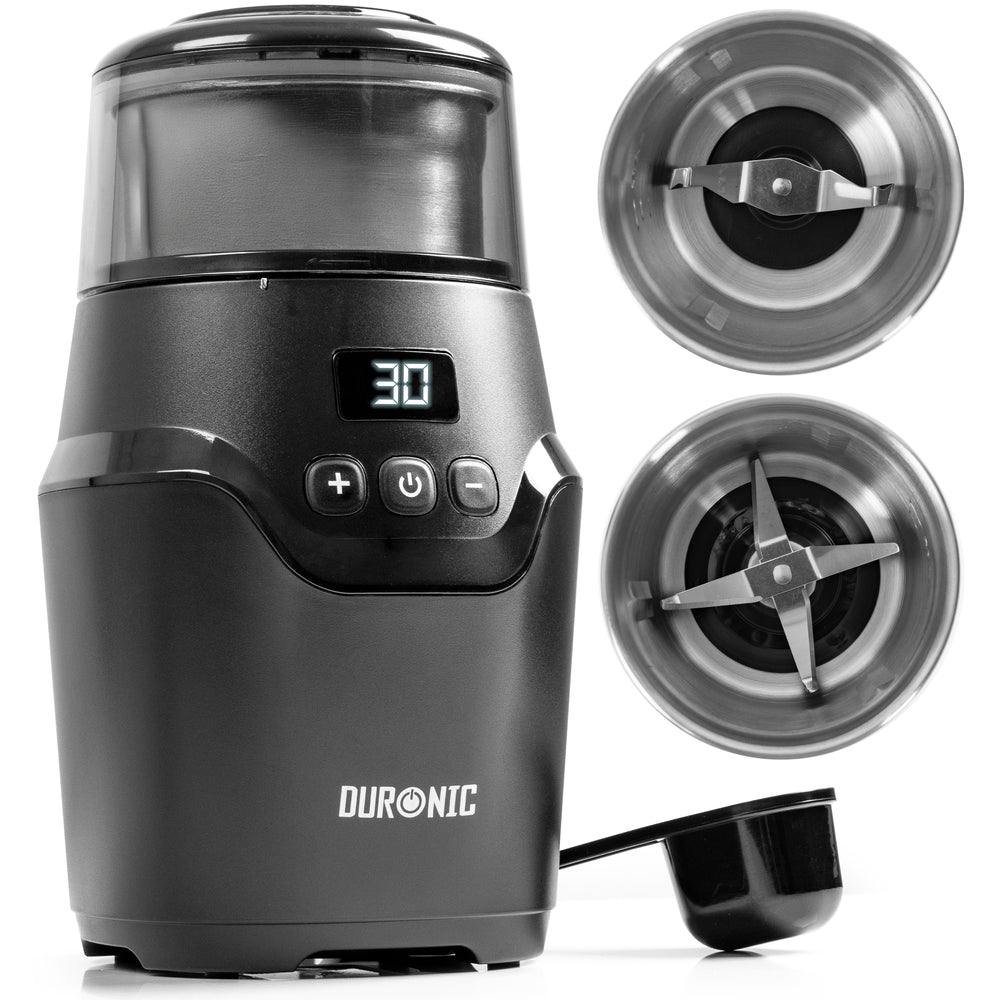 Duronic CG555 Electric Coffee Grinder with digital timer display, two interchangeable stainless steel blades, and scoop. 