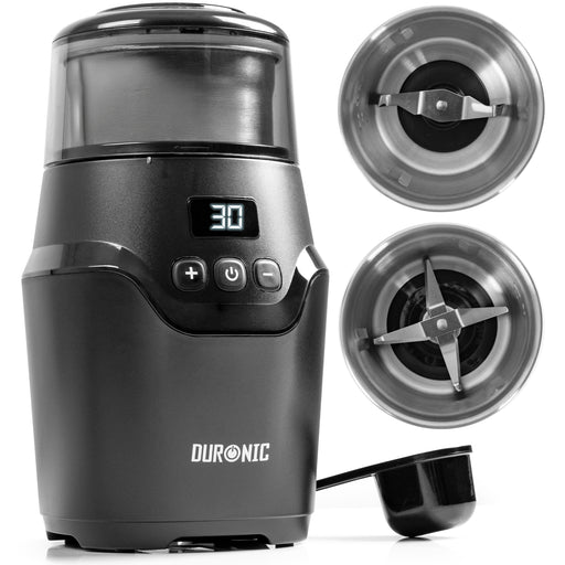 Duronic CG555 Electric Coffee Grinder with digital timer display, two interchangeable stainless steel blades, and scoop. 