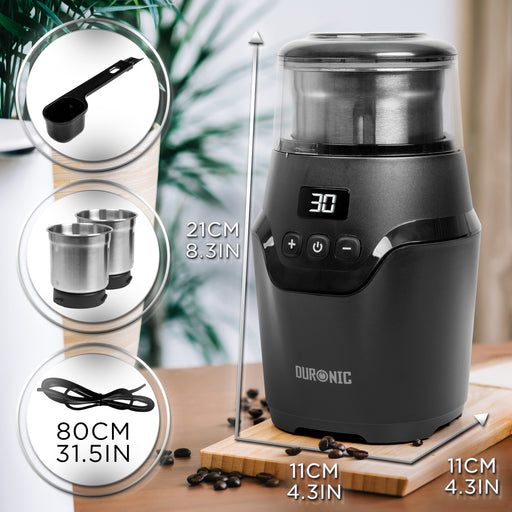 Duronic CG555 Electric Coffee Grinder with timer, accessories, two stainless steel cups, scoop, and dimensions.