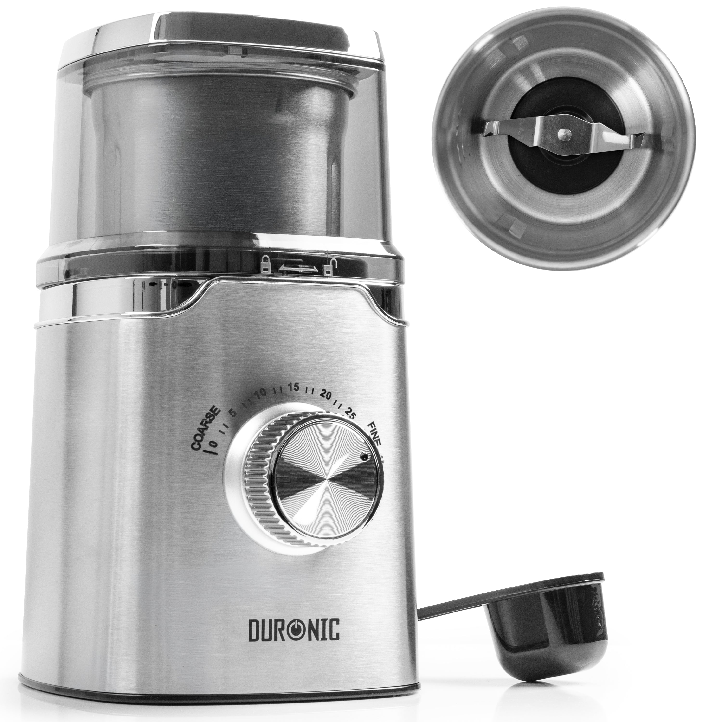 Duronic CG650 Electric Coffee Grinder with adjustable settings dial, internal blade, and measuring scoop.