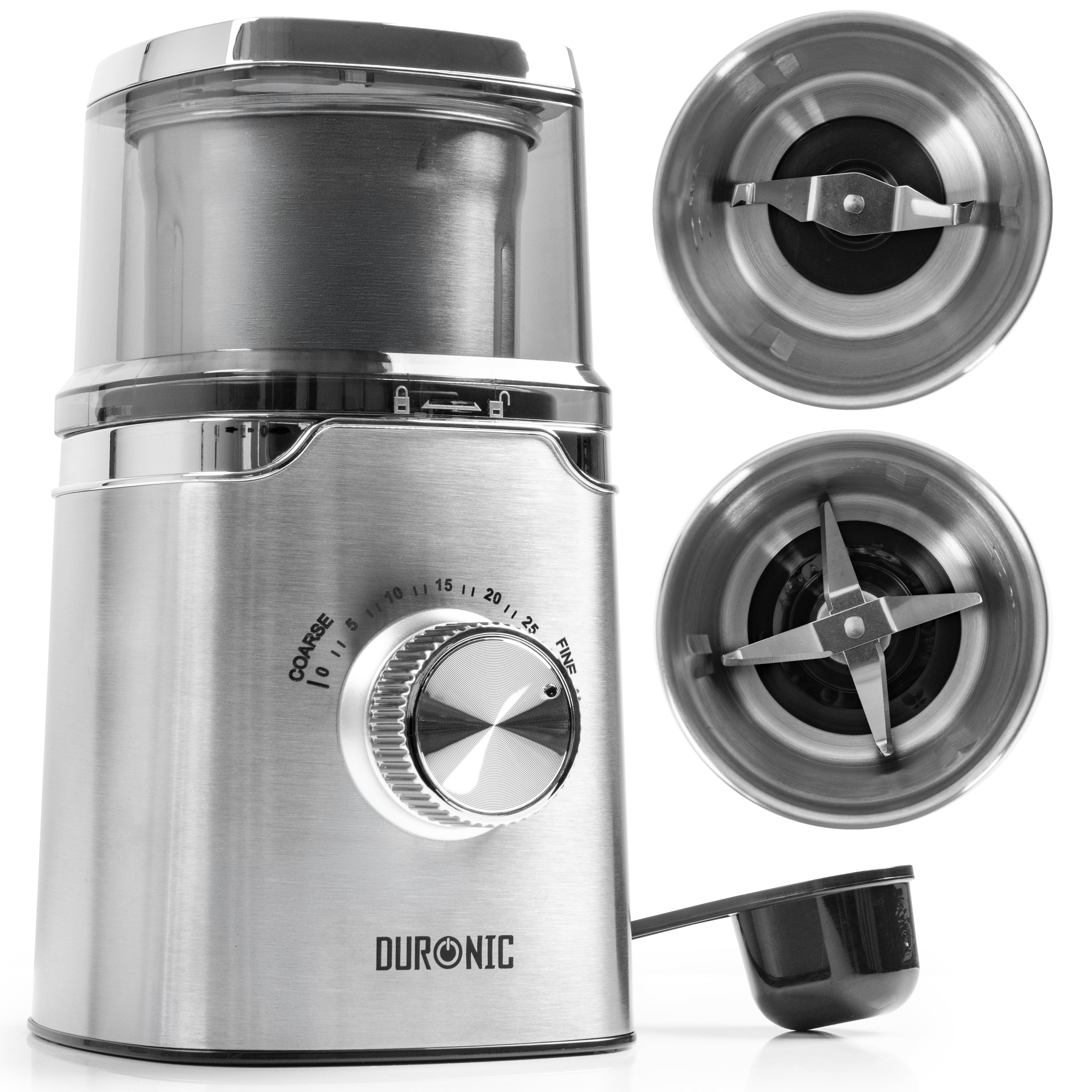 Duronic CG655 Electric Coffee Grinder featuring adjustable settings, two interchangeable blades, and scoop.