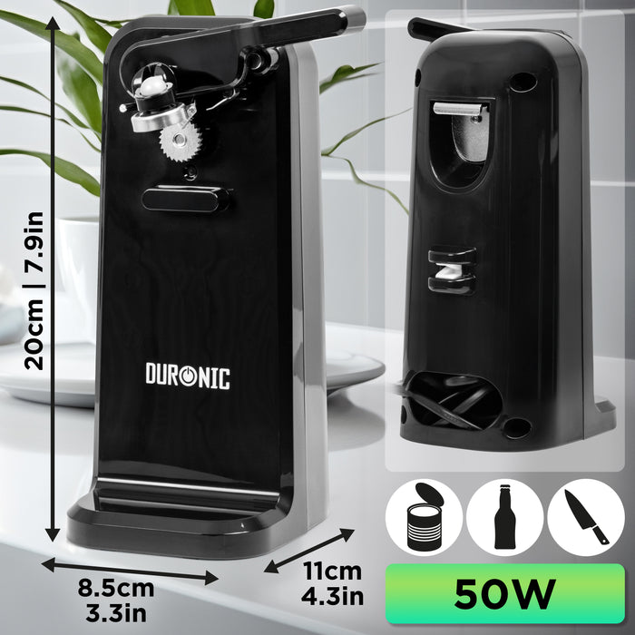 Duronic CO40 electric tin opener dimensions height, width, length 3-in-1 can opener, bottle opener, knife sharpener