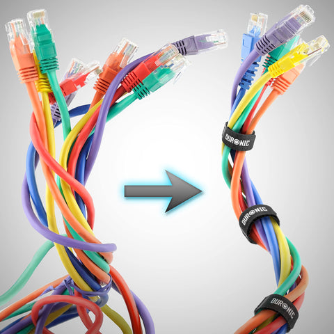 Duronic Cable Ties with before-and-after comparison of messy tangled colorful ethernet cables organized