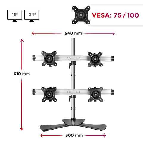 Duronic Computer Monitor Arms showing dimensions for fifteen to twenty four inch screens and VESA compatibility