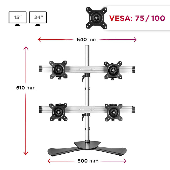 Duronic Computer Monitor Arms showing dimensions for fifteen to twenty four inch screens and VESA compatibility