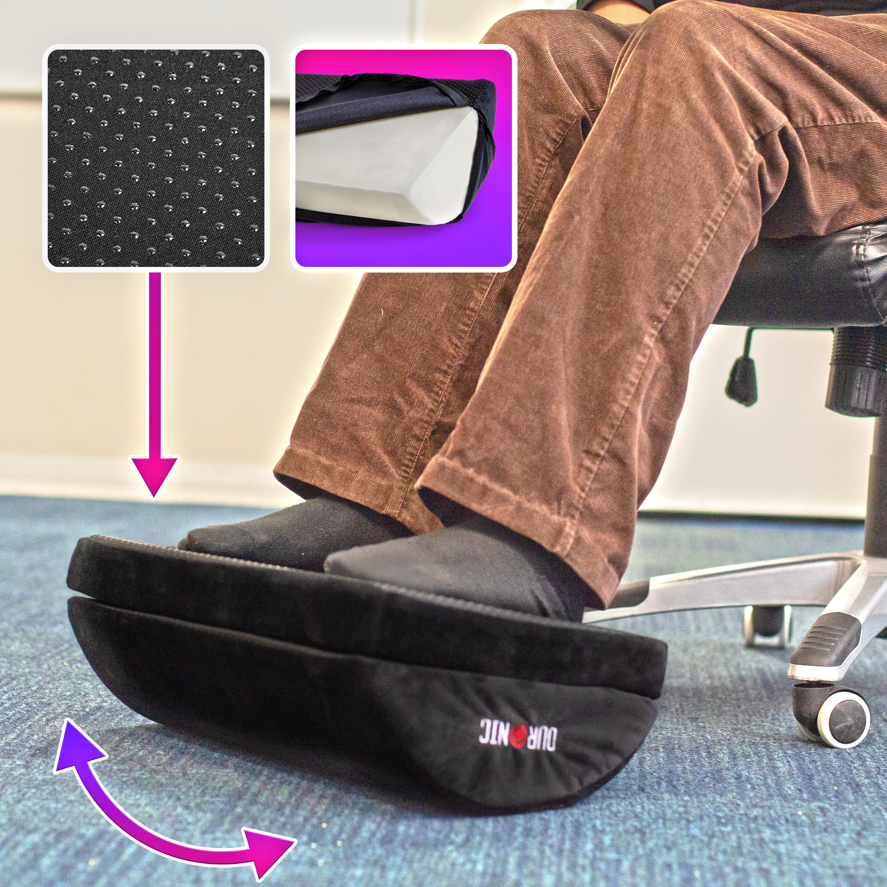 Duronic Cushion Footrest featuring a non-slip base, high-density memory foam, and a curved rocking design for improved circulation.