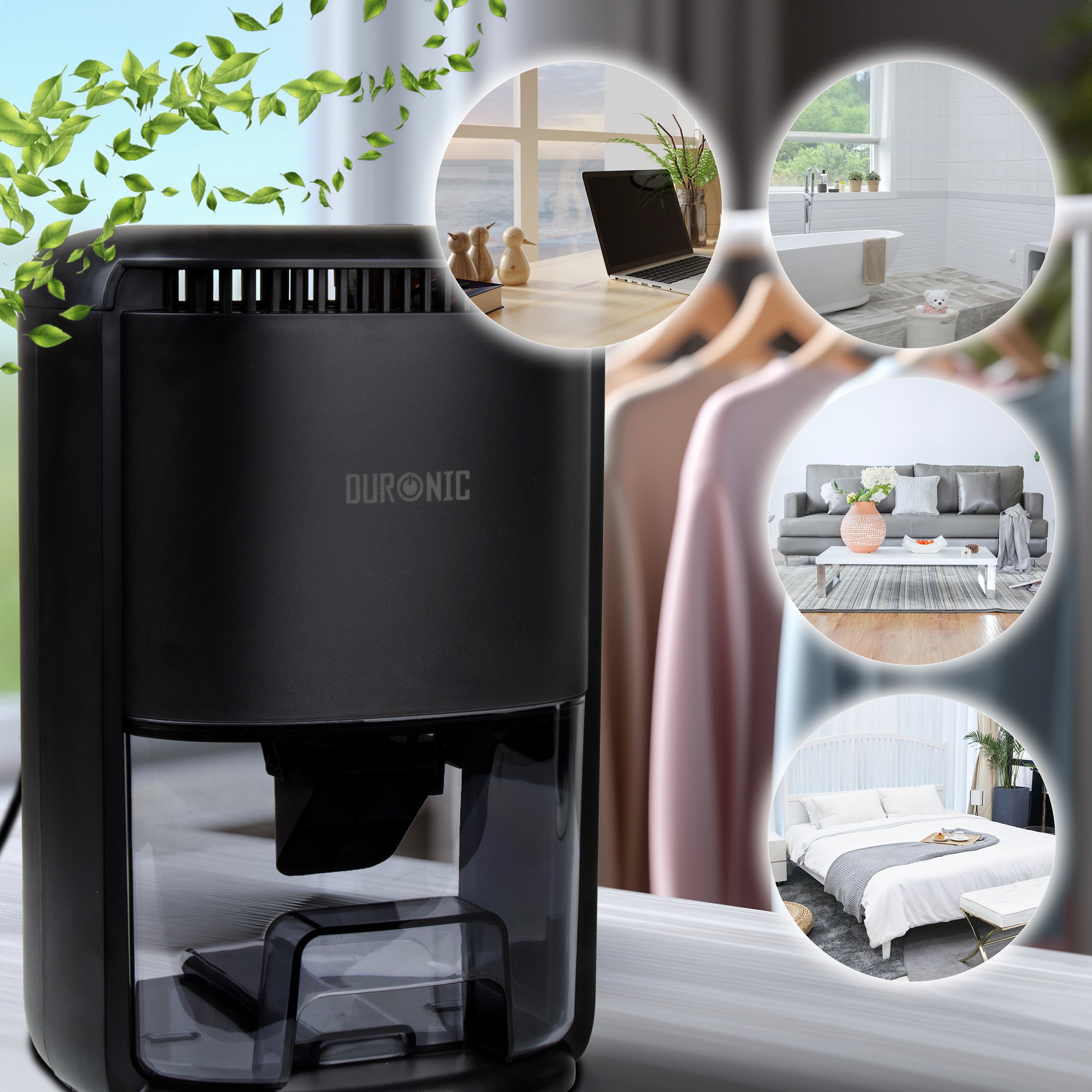 Duronic DH07 BK mini dehumidifier to be used in various settings such as the office desk, bathroom, living room, bedroom, and more