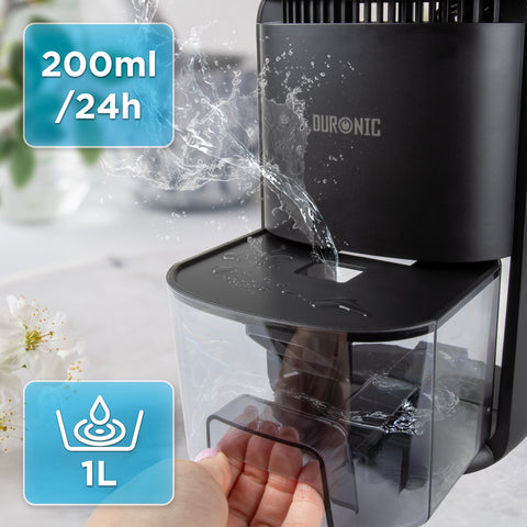 Duronic DH07 BK small dehumidifier removing up to 0.2L of moisture per 24 hours, with a 1L capacity