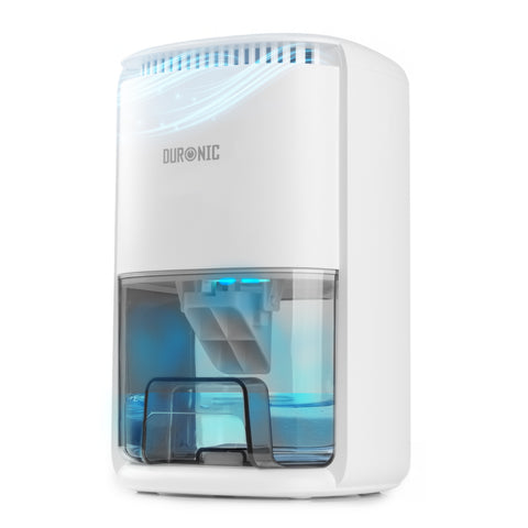 Duronic DH07 WE mini dehumidifier shown in use with water tank half-full