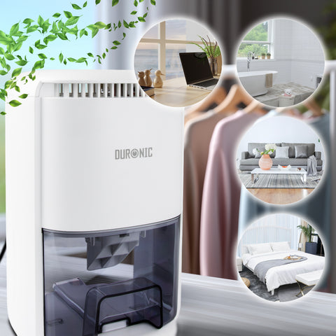 Duronic DH07 WE mini dehumidifier to be used in various settings such as the office desk, bathroom, living room, bedroom, and more