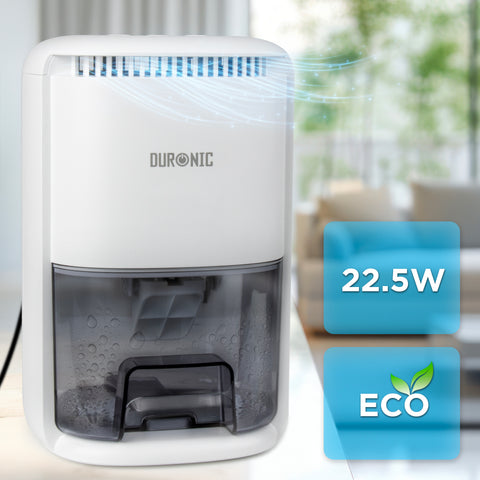 Duronic DH07 WE mini dehumidifier wattage shown and eco friendly sign