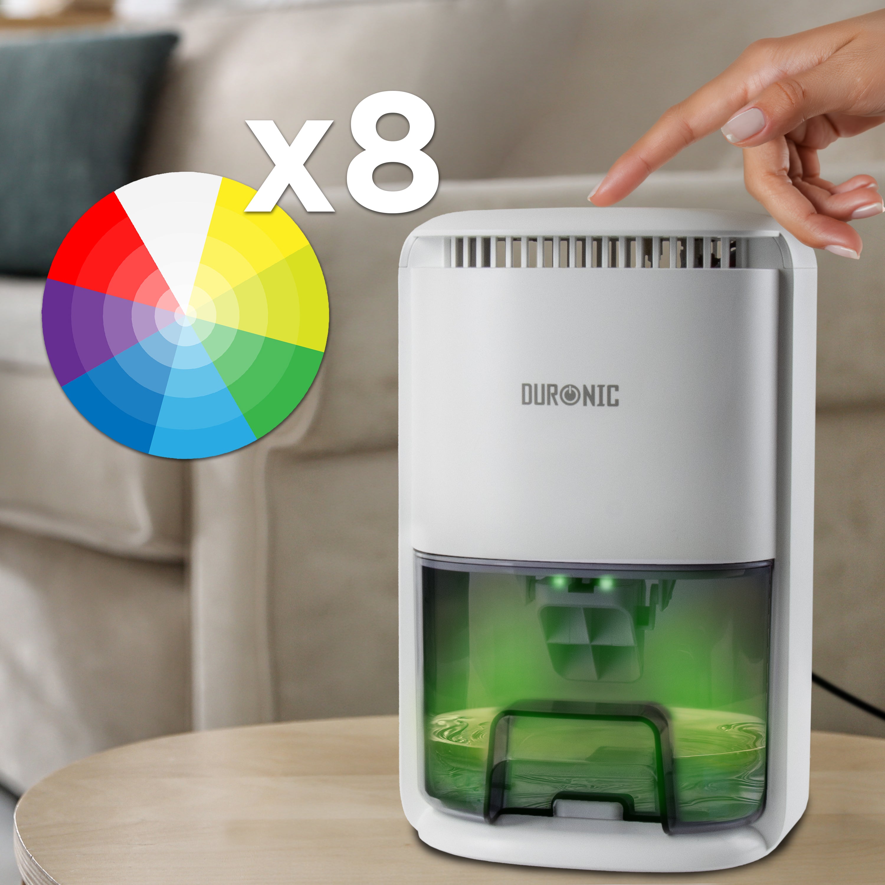 Duronic DH07 WE mini dehumidifier with 8 LED lights to switch between